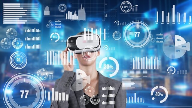 Woman pressing start opening VR analyze financial business at office uploading transform to interface digital infographic network technology virtual 3d animation meta programing at front. Contraption.