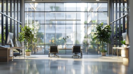 Beautiful blurred background of a light modern office interior with panoramic windows and beautiful lighting. hyper realistic 