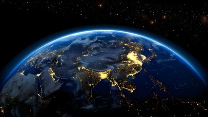 Nighttime view of Earth from space highlighting Asia Europe Africa and the Middle East. Concept Earth from Space, Asia, Europe, Africa, Middle East, Nighttime View