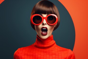 Surprised woman wearing red sunglasses and turtleneck