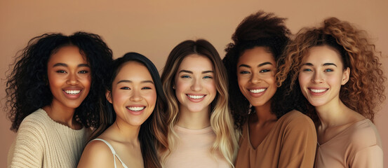 Group beautiful happy multiethnic young women together, five diverse cheerful girlfriends on brown
