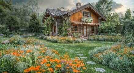 Idyllic Rustic Wooden Cottage Surrounded by Lush Flower Garden and Greenery