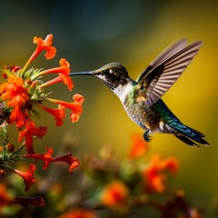 Hummingbird feeding on vibrant flowers