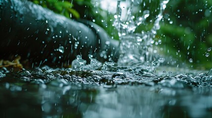 Close-up view capturing water leaks and splashes from a plastic pipe during a rainy day after a storm.