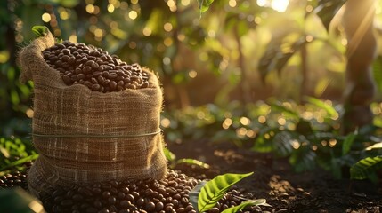 burlap sack overflowing with fresh coffee beans, set against the backdrop of a rustic coffee...