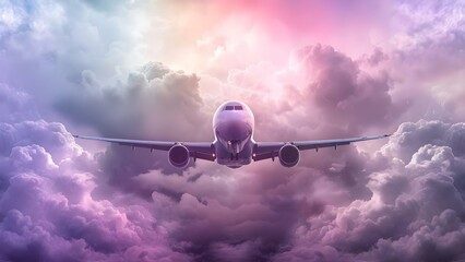 Flying High: A Beautiful Airplane in a Rainbow Sky Above Fluffy Clouds. Concept Airplane, Rainbow Sky, Fluffy Clouds, Travel, Adventure