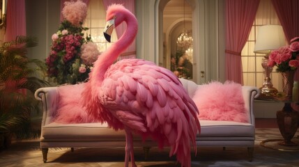 Vibrant pink flamingo in luxurious interior setting