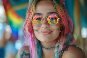 Colorful portrait of a young woman with rainbow glasses
