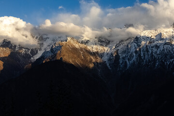 Snow capped mountains in himalaya landscape with rocks. Kailash mountain peak in Tibet.