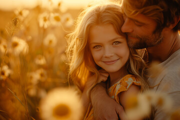 Father and daughter sharing a tender moment in sunlit field