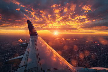 Sunset view over cityscape from airplane window