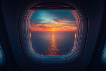 Stunning sunset view from an airplane window over the ocean