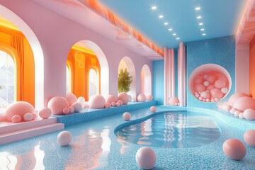 Futuristic spa interior with spherical elements and vibrant colors