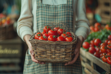Woman holding a basket of fresh tomatoes at a local market