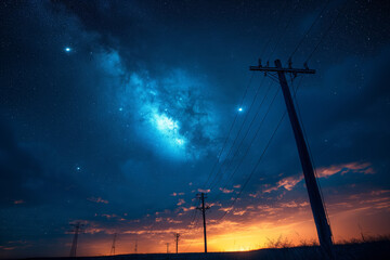 Starry night sky over power lines and sunset horizon