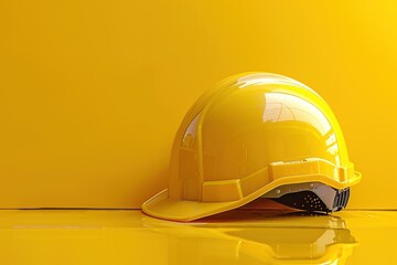 closeup of yellow construction safety helmet on yellow background with copy space