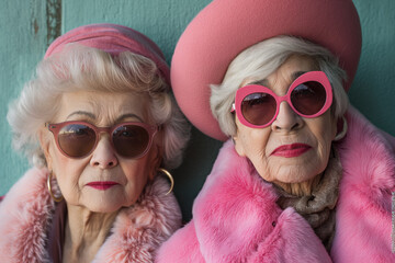 Elegant senior women with stylish sunglasses and pink outfits