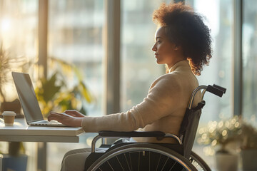 Confident woman in wheelchair working on laptop by window