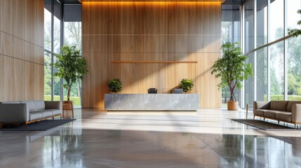 Office lobby interior reception desk and waiting space, panoramic window hyper realistic 