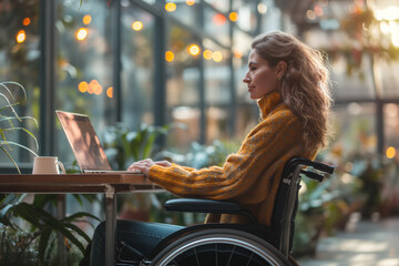 Wheelchair user working on laptop in cozy cafe setting