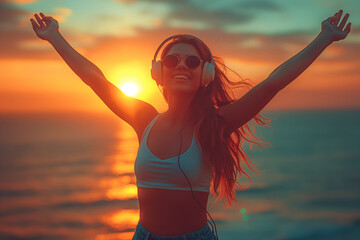 Young woman enjoying music at sunset on the beach
