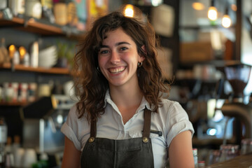 Smiling woman barista wearing uniform. Cafe owner in apron looking at camera and smiling