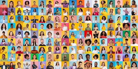 A lively mix of multiracial, multiethnic, and international people faces smiling against a vibrant,...