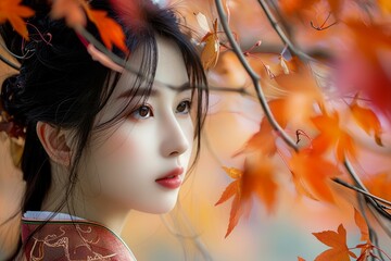 Cozy Asian girl autumn. Chinese park. Generate Ai
