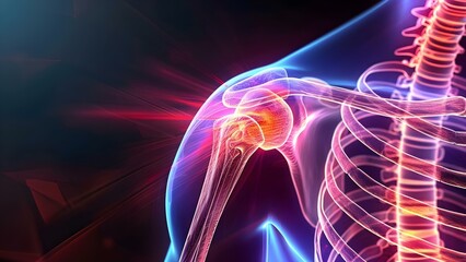 Front view D rendering of inflamed human shoulder joint bones. Concept Medical Illustration, Human Anatomy, Shoulder Joint, Inflammation, 3D Rendering