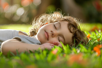 Cute little boy lying on grass in park