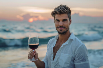 Man holds a glass of red wine on the background of the sea