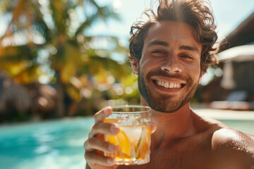 Man holds a glass with a cocktail on the background of the pool