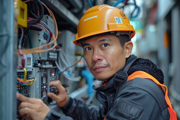 Man in uniform with helmet repairing electrical box with pliers in corridor