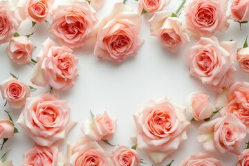 Blush pink roses frame on white background. Various creamy pink roses flowers and buds layout on white background with copy space. Top view, flat lay