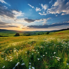 Scenic countryside landscape with wildflowers at sunset