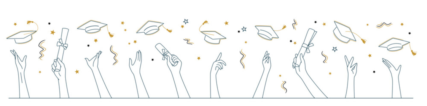 Happy graduate students hands throwing graduation caps. Hands holding diploma graduation. Silhouette high achievements. Graduation event. Horizontal flat design modern vector illustration concept
