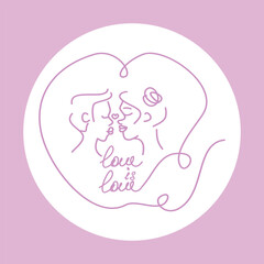 Poster with kissing woman. Hand lettering love is love. The theme of month pride, lgbtq, love. In white circle, on pink background 