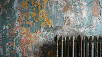 Radiator and wall with peeling paint in interior setting.

