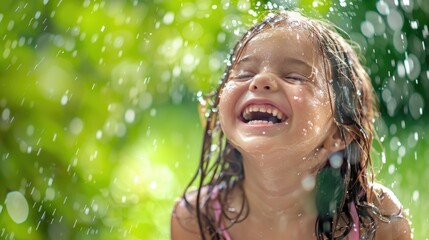 A little girl with grassstained hair and a smile on her face is happily playing in the rain, enjoying the sunlight and surrounded by nature AIG50
