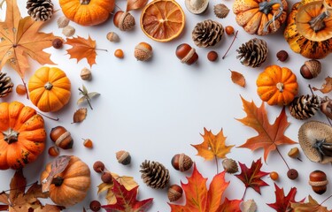 Fototapeta premium Overhead View of Autumn Leaves and Acorns on White Background