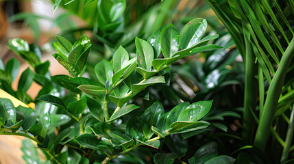 close up of green leaves of zz plant