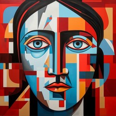 abstract cubist portrait with bold colors and geometric shapes - obrazy, fototapety, plakaty