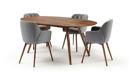 Modern dining table and chair combination isolated on a white background, featuring wooden and fabric elements.