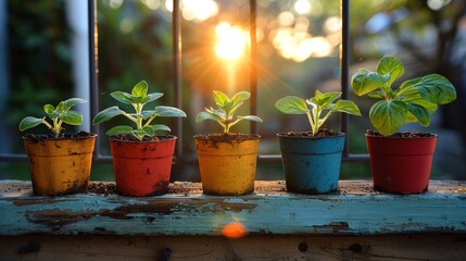 Row of Potted Plants on Wooden Bench