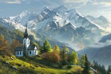 A mountain range with a small white church in the foreground - Powered by Adobe