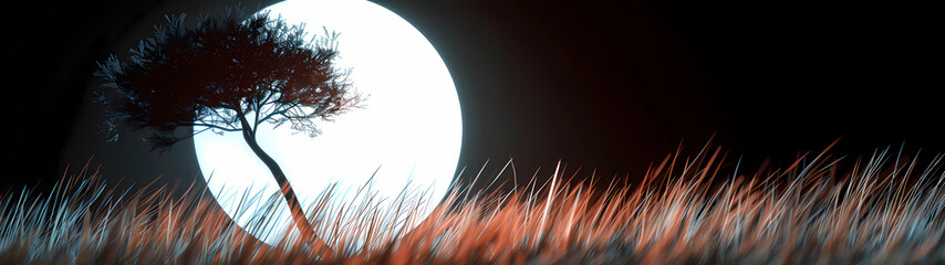 Casting a ghostly glow, the overexposed moon illuminates the silhouette of a crooked tree standing amidst the swaying tall grass, painting a hauntingly beautiful scene 