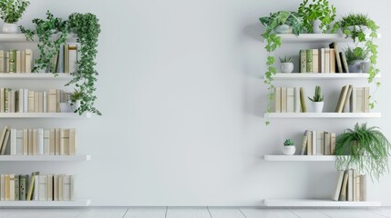 White bookshelf with plants and folders over wall hyper realistic 