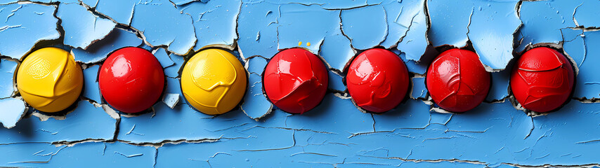 Against the backdrop of an ancient weathered blue wall, vibrant red and yellow painted balls are embedded within the thick layers of cracking paint, adding a touch of color to the aged facade
