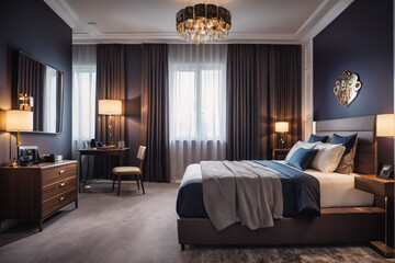 Fototapeta premium a peaceful bedroom interior with a large window showcasing a natural landscape.