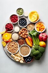 Assortment of healthy fruits, vegetables, nuts, and seeds